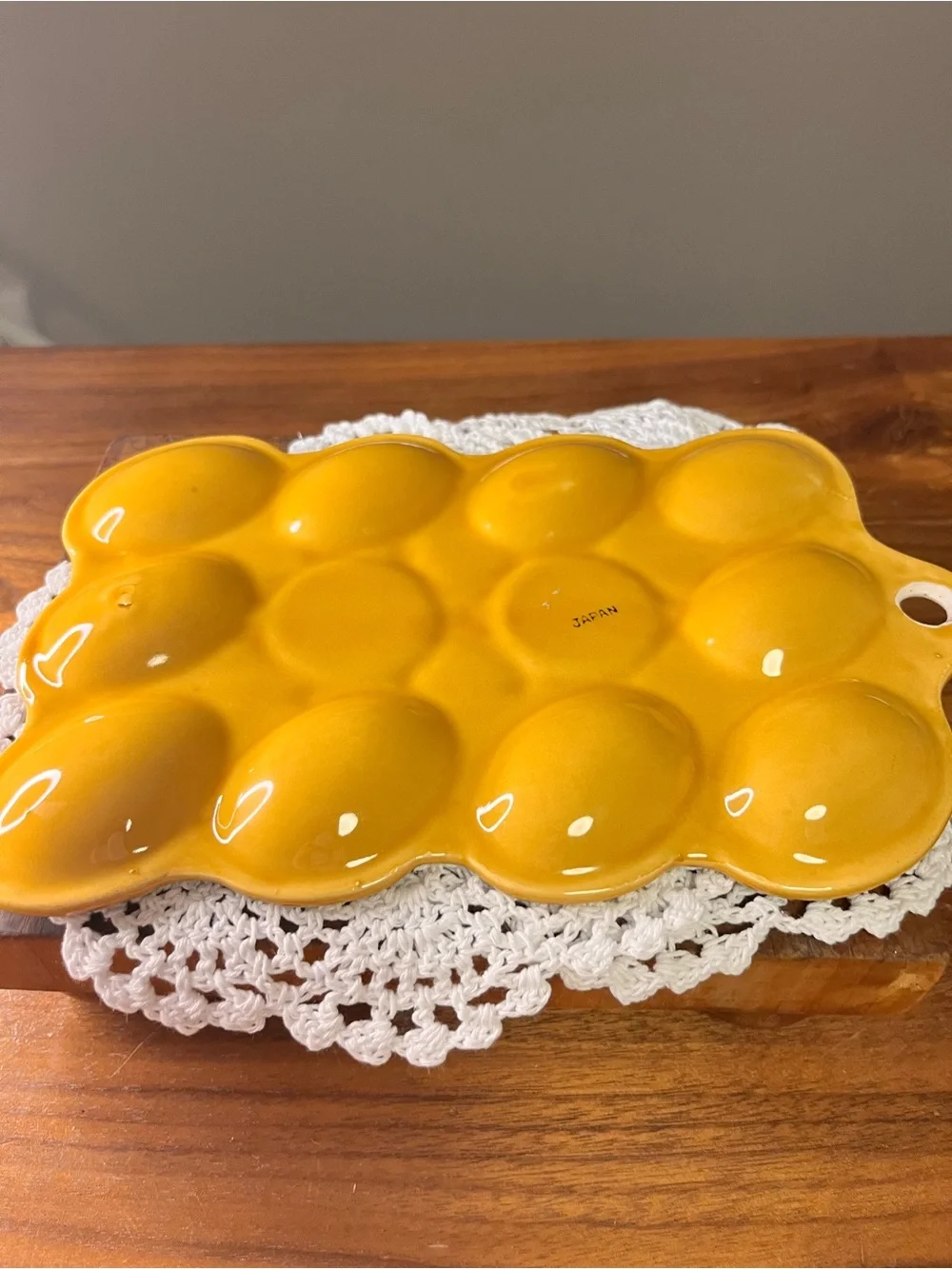 Glazed Yellow Ceramic Deviled Egg Tray with Brown Accents